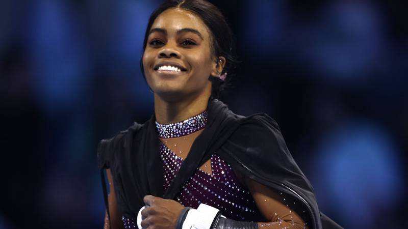 HARTFORD, CONNECTICUT - MAY 18: Gabby Douglas looks on prior to the 2024 Core Hydration Classic at XL Center on May 18, 2024 in Hartford, Connecticut. (Photo by Tim Nwachukwu/Getty Images)