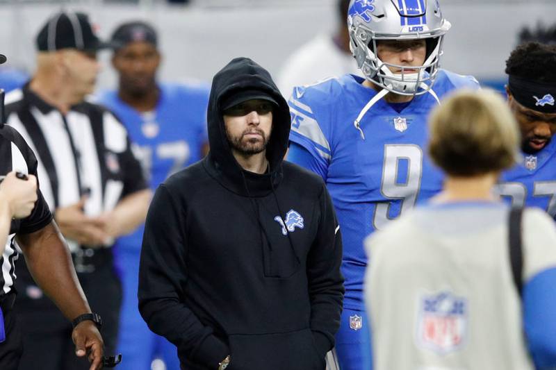 DETROIT, MI - SEPTEMBER 10: Hip-hop artist Eminem takes the field for the coin toss prior to the game between the New York Jets and Detroit Lions at Ford Field on September 10, 2018 in Detroit, Michigan. (Photo by Joe Robbins/Getty Images)