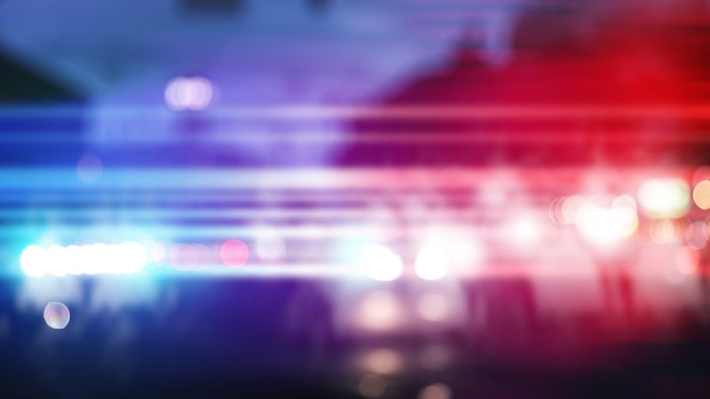 Blurred view of police cars on street at night