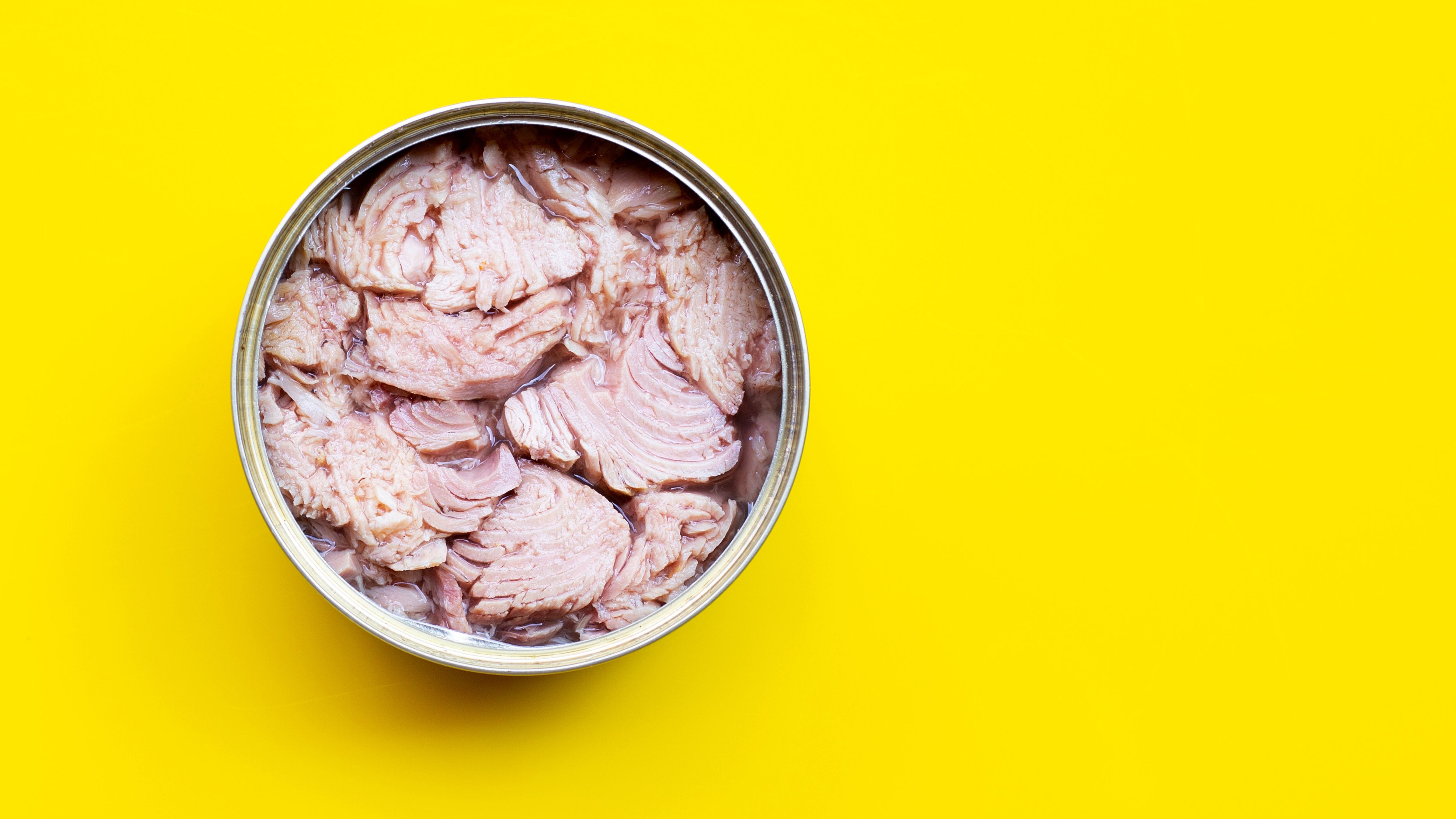 Canned tuna fish on yellow background.