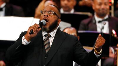 <p>Bishop Marvin Sapp performs during the funeral service for Aretha Franklin at Greater Grace Temple, Friday, Aug. 31, 2018, in Detroit. Franklin died Aug. 16, 2018 of pancreatic cancer at the age of 76. (AP Photo/Paul Sancya)</p>