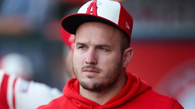 ANAHEIM, CALIFORNIA - JUNE 5: Mike Trout #27 of the Los Angeles Angels looks on in the dugout prior to a game against the San Diego Padres at Angel Stadium of Anaheim on June 5, 2024 in Anaheim, California. (Photo by Brandon Sloter/Getty Images)