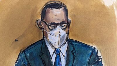 In this courtroom sketch, R. Kelly listens as the jury foreperson reads the verdict, Monday, Sept. 27, 2021, in New York.