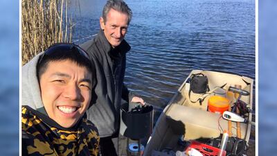 Kevin Jiang, foreground in a photo with Gabe Benoit, his faculty advisor at Yale University, was gunned down in a neighborhood near campus Feb. 6, 2021. MIT graduate student Qinxuan Pan, 30, is accused of murder in the environmental grad student's death.